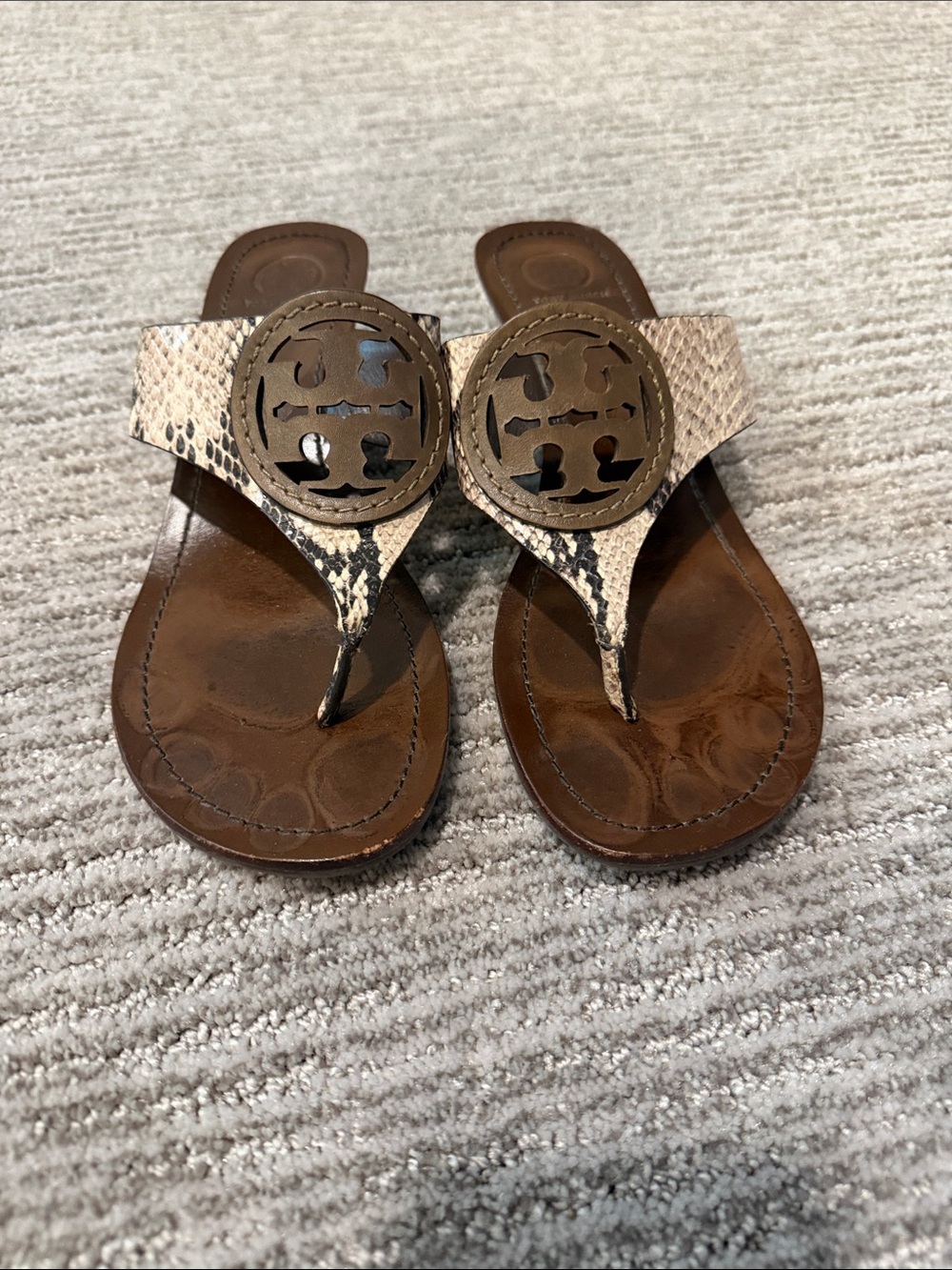 Tory Burch Brown Leather Thong Sandals with Snake-Print Straps